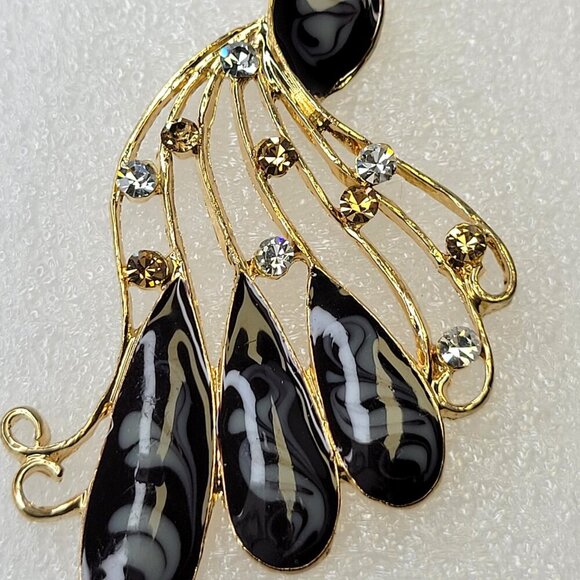 Peacock Chandelier Earrings Gold and Black Bird Earrings - Picture 3 of 8